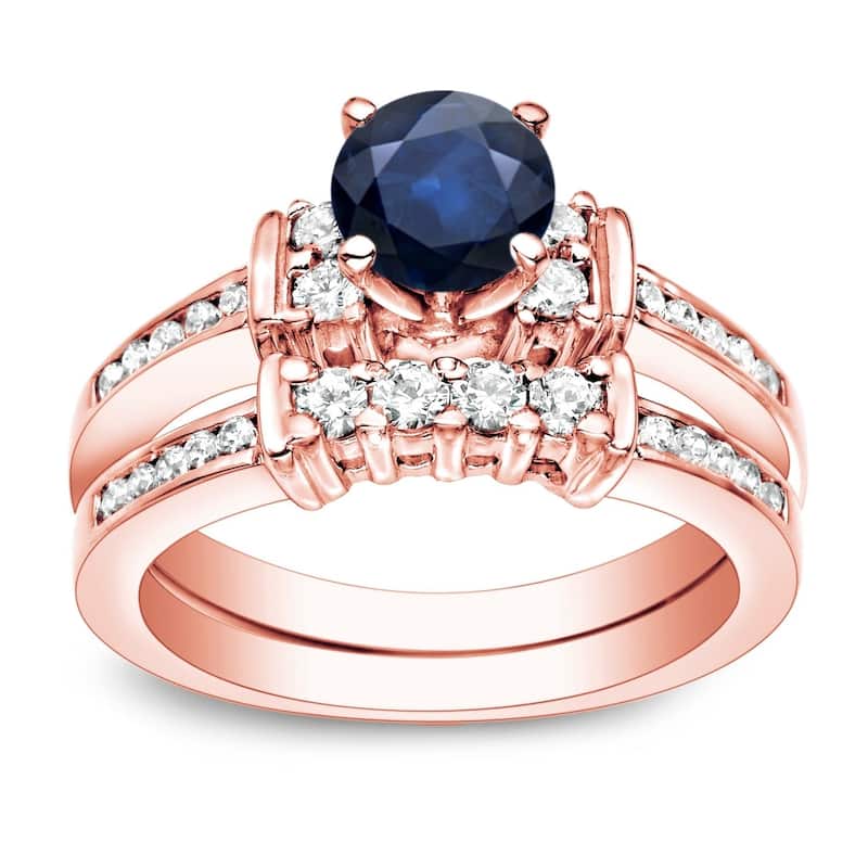 Auriya 14k Gold 3/5ct Blue Sapphire and 2/5ctw Diamond Engagement Ring Set - Rose - 4