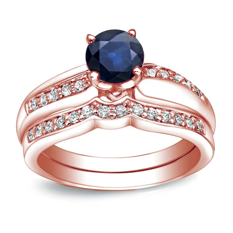Auriya 14k Gold 3/4ct Blue Sapphire and 1/4ctw Diamond Engagement Ring Set - Rose - 4