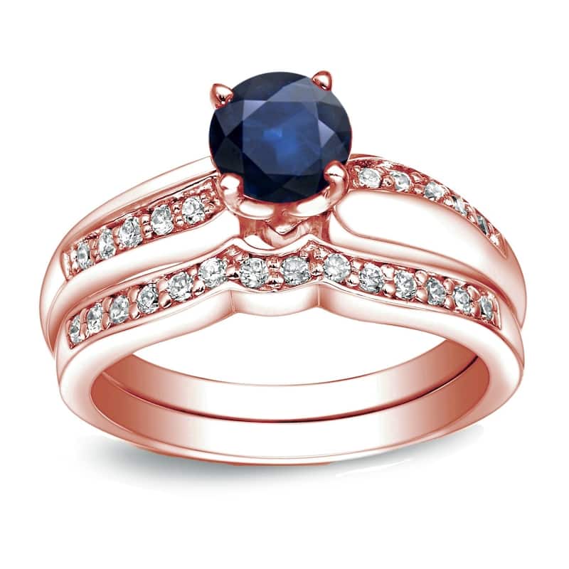 Auriya 14k Gold 3/4ct Blue Sapphire and 1/4ctw Diamond Engagement Ring Set - Rose - 9.5