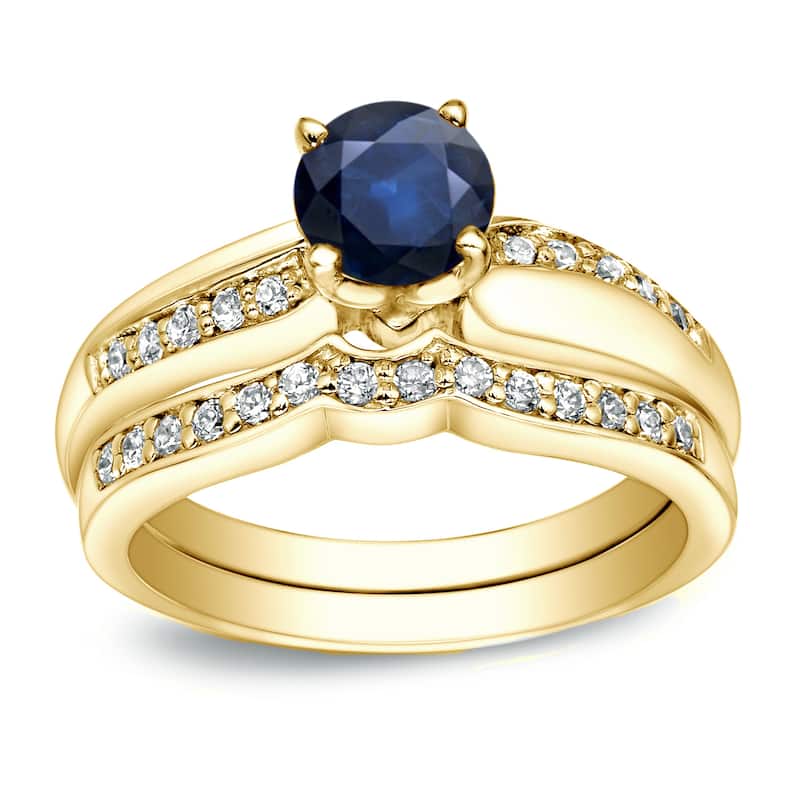 Auriya 14k Gold 3/4ct Blue Sapphire and 1/4ctw Diamond Engagement Ring Set - Yellow - 4