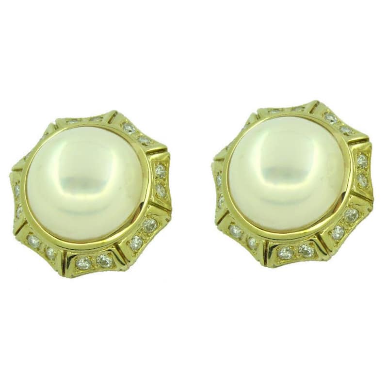 Kabella Luxe 14k Yellow Gold Mabe Pearl and 3/4 TDW Diamond Earrings (G-H, I1) (14-15 mm)