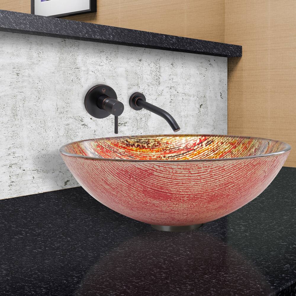 VIGO Blazing Fire Glass Vessel Sink and Olus Wall Mount Faucet Set in Antique Rubbed Bronze Finish