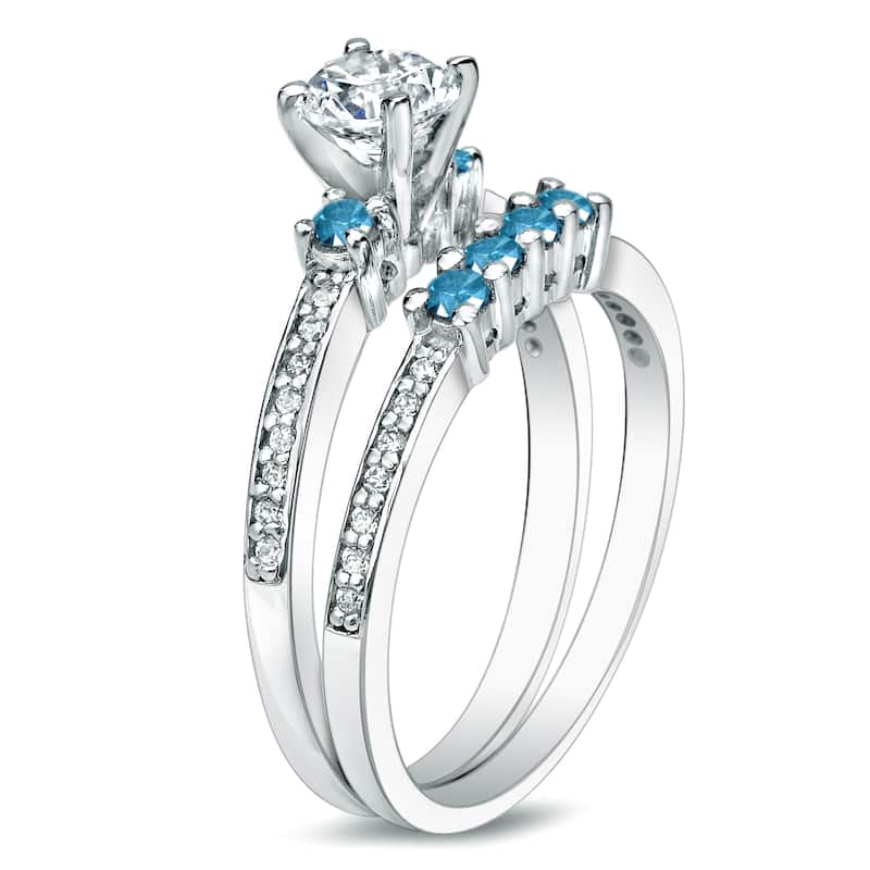 Auriya 14k Gold Round 1ctw Diamond Engagement Ring Set with Blue Diamond Accents