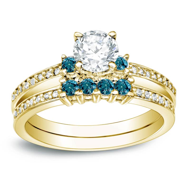 Auriya 14k Gold Round 1ctw Diamond Engagement Ring Set with Blue Diamond Accents - Yellow - 4
