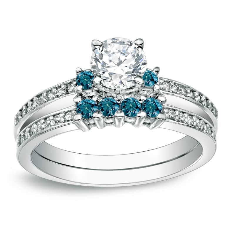 Auriya 14k Gold Round 1ctw Diamond Engagement Ring Set with Blue Diamond Accents - White - 4