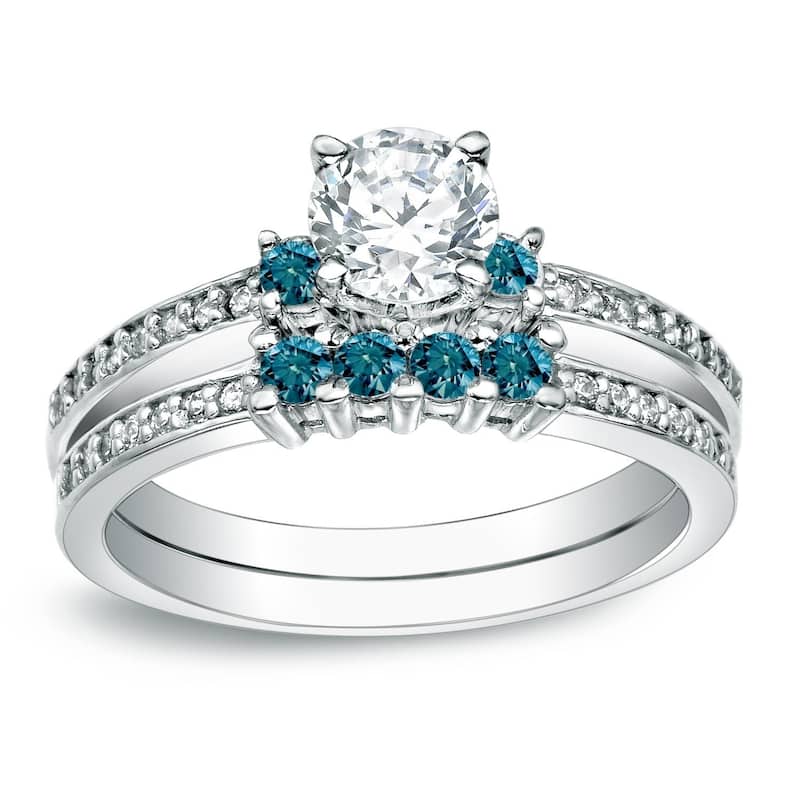 Auriya 14k Gold Round 1ctw Diamond Engagement Ring Set with Blue Diamond Accents - White - 9.5