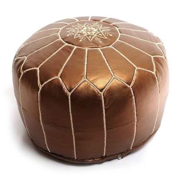 slide 4 of 4, The Curated Nomad Aptos Handmade Moroccan Faux Leather Pouf Authentic Ottoman Brown