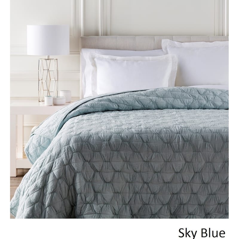 Claire Gathered Cotton Quilt - Sky blue - Twin