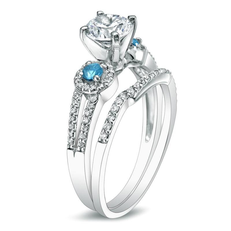Auriya 14k Gold Round 1ctw 3-Stone Diamond Engagement Ring Set with Blue Diamond Accents
