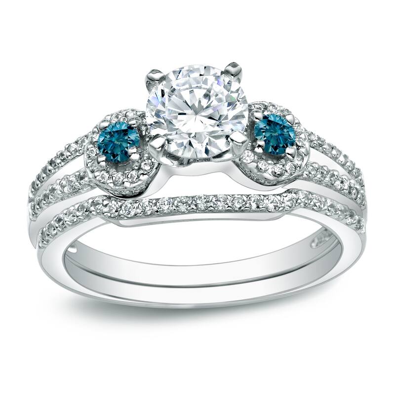 Auriya 14k Gold Round 1ctw 3-Stone Diamond Engagement Ring Set with Blue Diamond Accents - White - 4