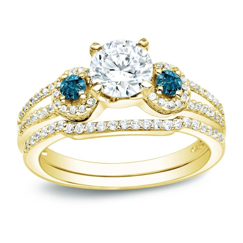 Auriya 14k Gold Round 1ctw 3-Stone Diamond Engagement Ring Set with Blue Diamond Accents - Yellow - 10