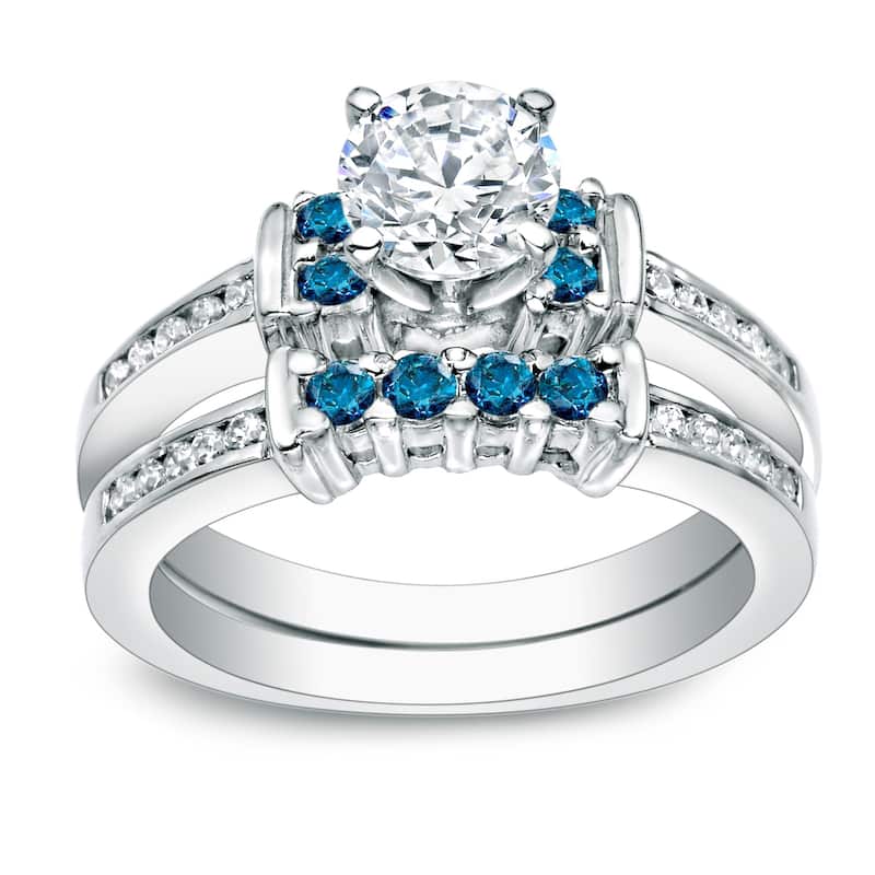 Auriya 14k Gold 1ctw Round Blue Diamond Engagement Ring Set (H-I, I1-I2) - White - 4