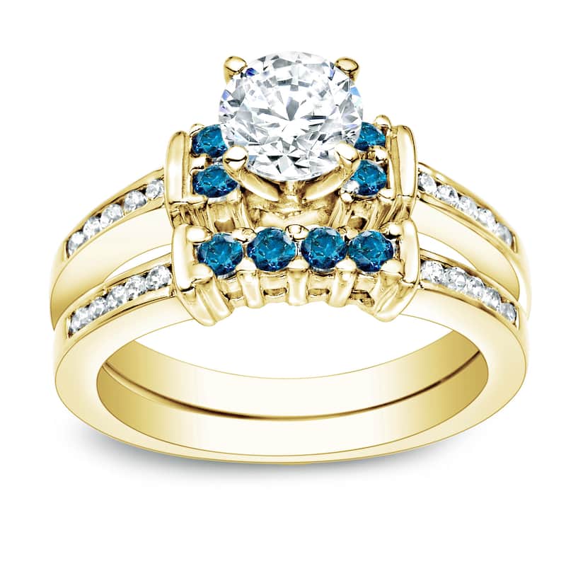 Auriya 14k Gold 1ctw Round Blue Diamond Engagement Ring Set (H-I, I1-I2) - Yellow - 4