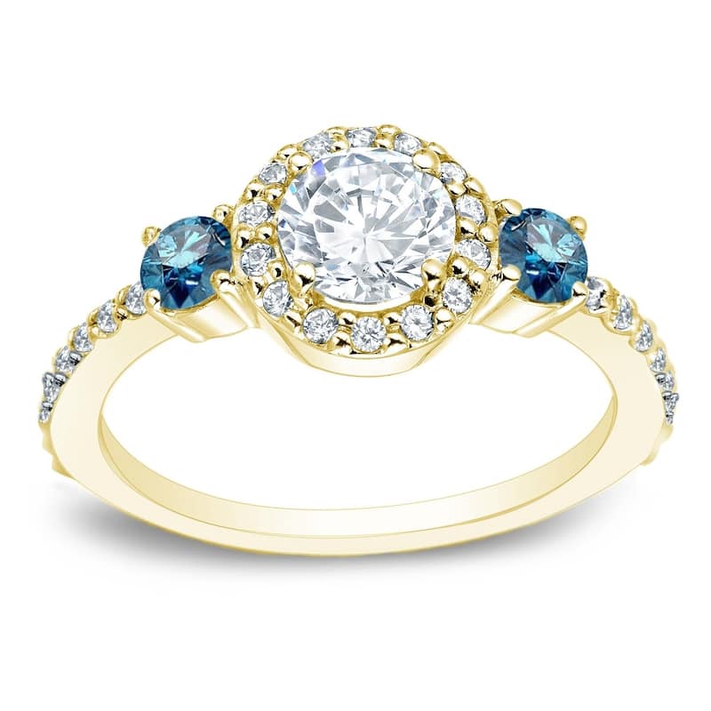 Auriya 3/4ctw Round 3 Stone Halo Blue Diamond Engagement Ring 14k Gold