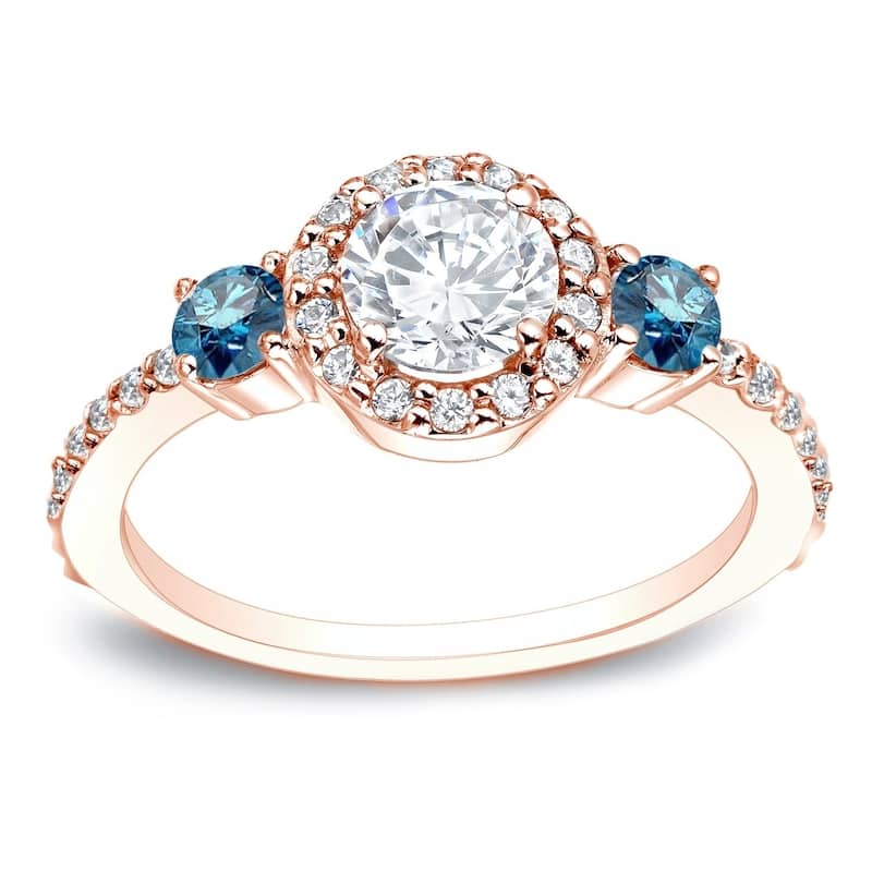 Auriya 3/4ctw Round 3 Stone Halo Blue Diamond Engagement Ring 14k Gold