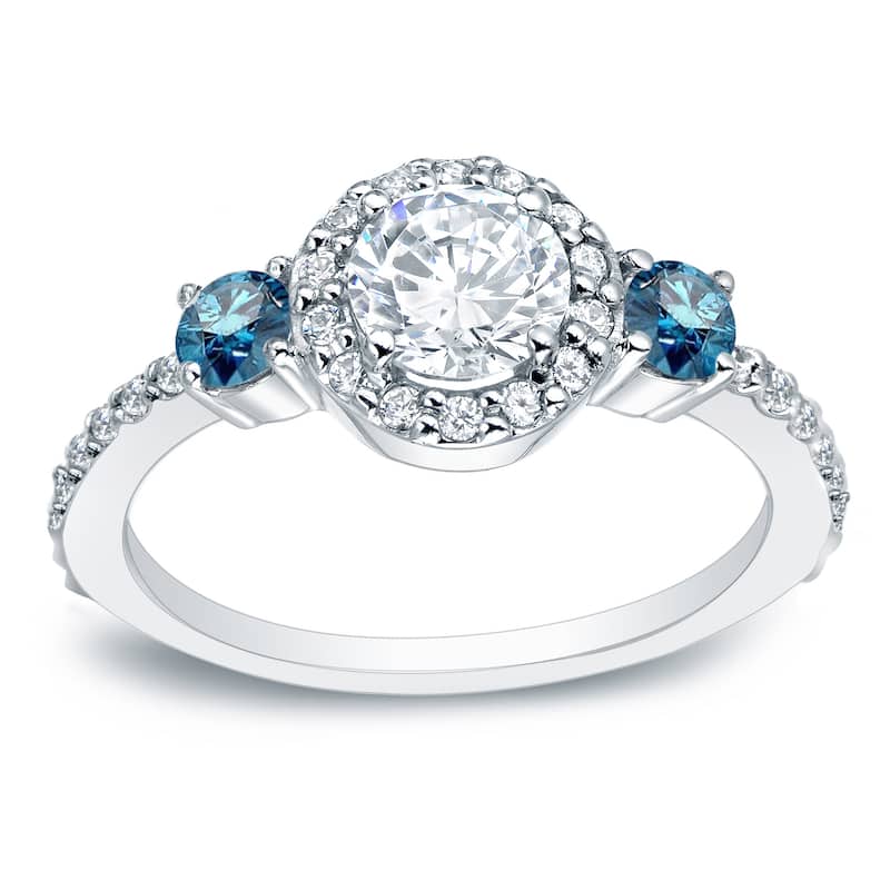 Auriya 3/4ctw Round 3 Stone Halo Blue Diamond Engagement Ring 14k Gold - 4 - White