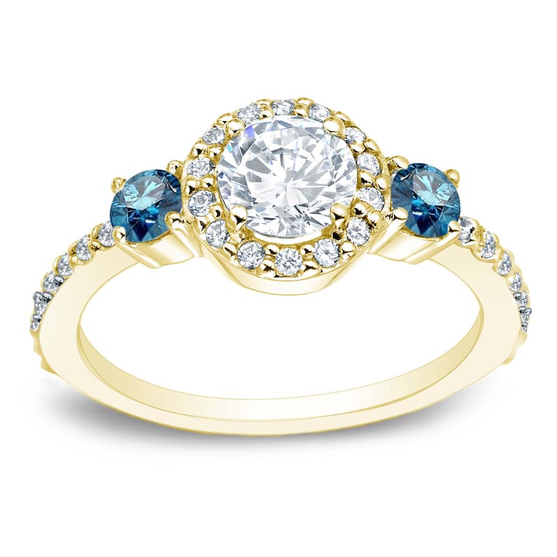 Auriya 3/4ctw Round 3 Stone Halo Blue Diamond Engagement Ring 14k Gold - 4 - Yellow