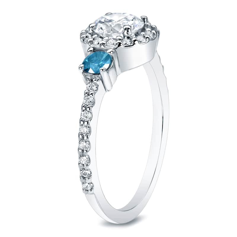 Auriya 3/4ctw Round 3 Stone Halo Blue Diamond Engagement Ring 14k Gold