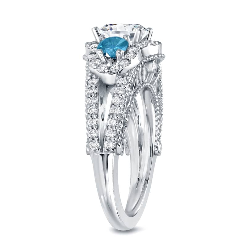 Auriya Unique 2 1/4ctw 3 Stone Halo Blue Diamond Engagement Ring 14k White Gold (H-I, I1-I2)