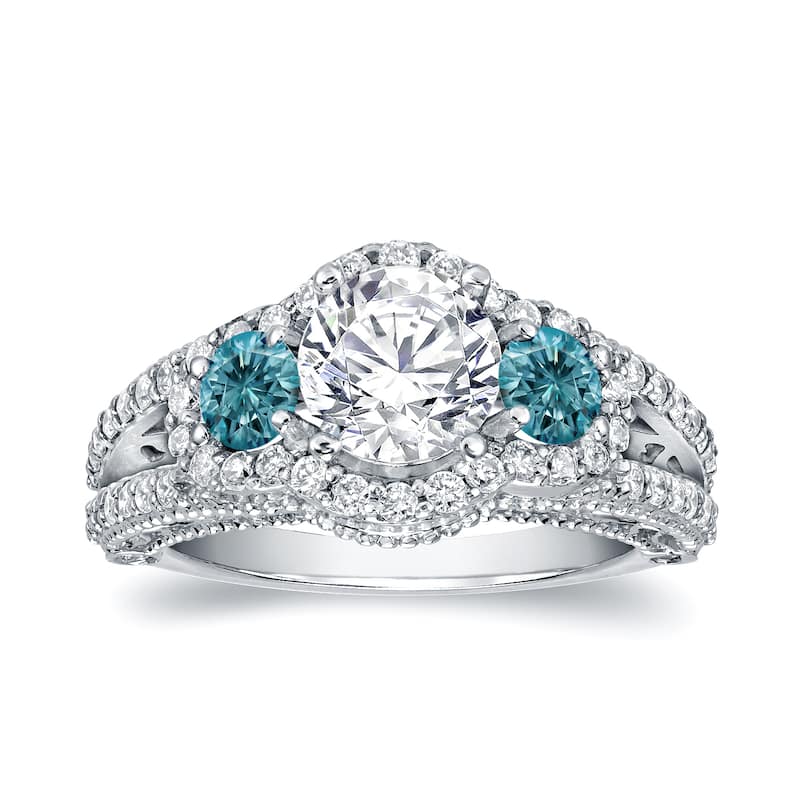 Auriya Unique 2 1/4ctw 3 Stone Halo Blue Diamond Engagement Ring 14k White Gold (H-I, I1-I2)