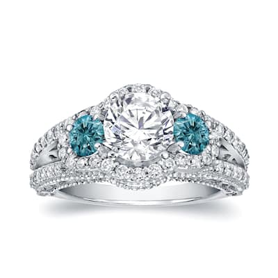 Auriya Unique 2 1/4ctw 3 Stone Halo Blue Diamond Engagement Ring 14k White Gold (H-I, I1-I2)