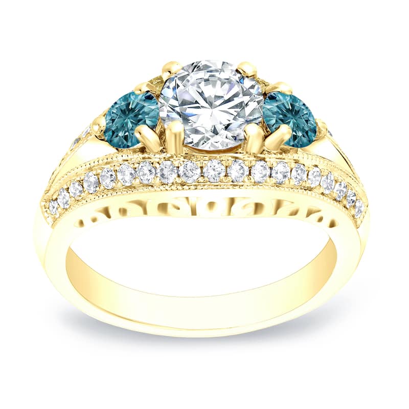 Auriya 14k Gold 2 1/5ctw Vintage 3 Stone Blue Diamond Engagement Ring