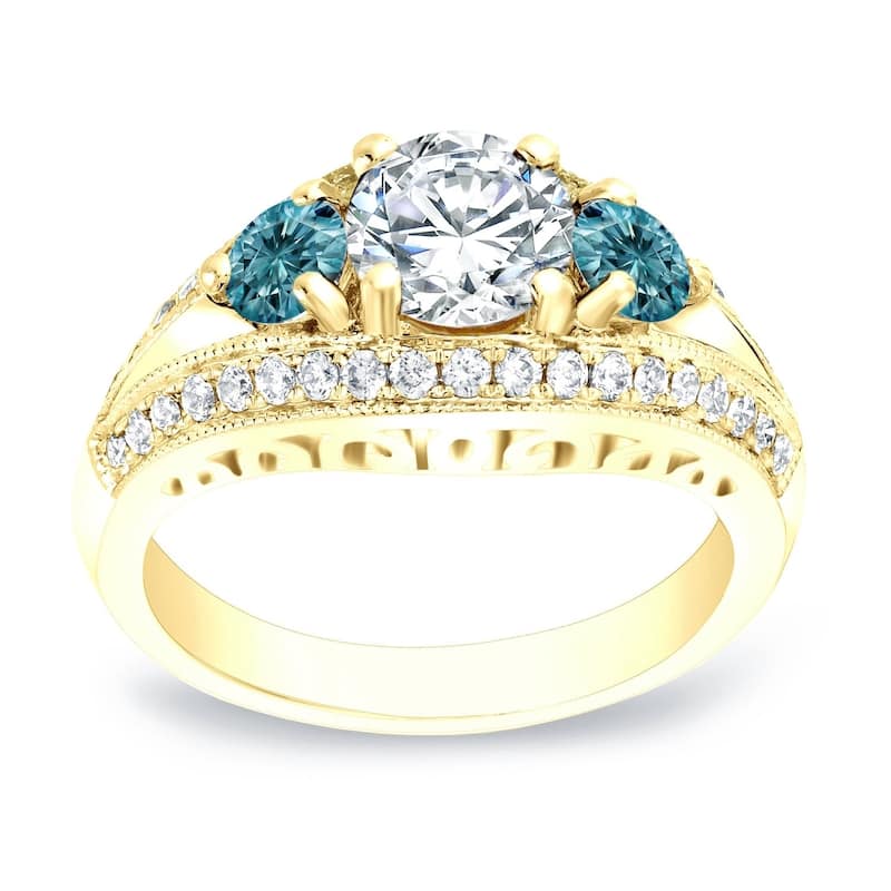 Auriya 14k Gold 2 1/5ctw Vintage 3 Stone Blue Diamond Engagement Ring - 4 - Yellow