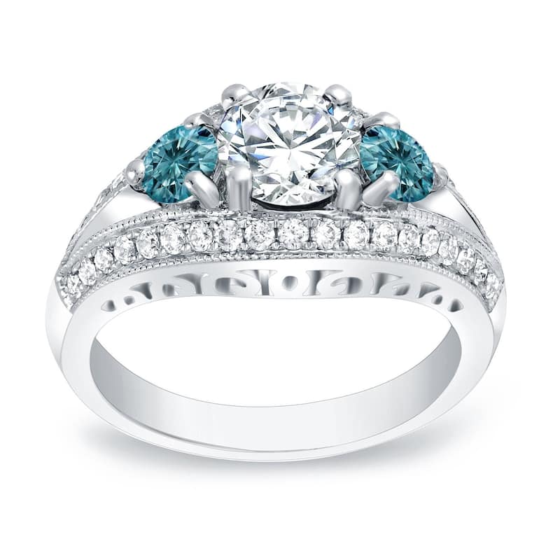 Auriya 14k Gold 2 1/5ctw Vintage 3 Stone Blue Diamond Engagement Ring - 4 - White