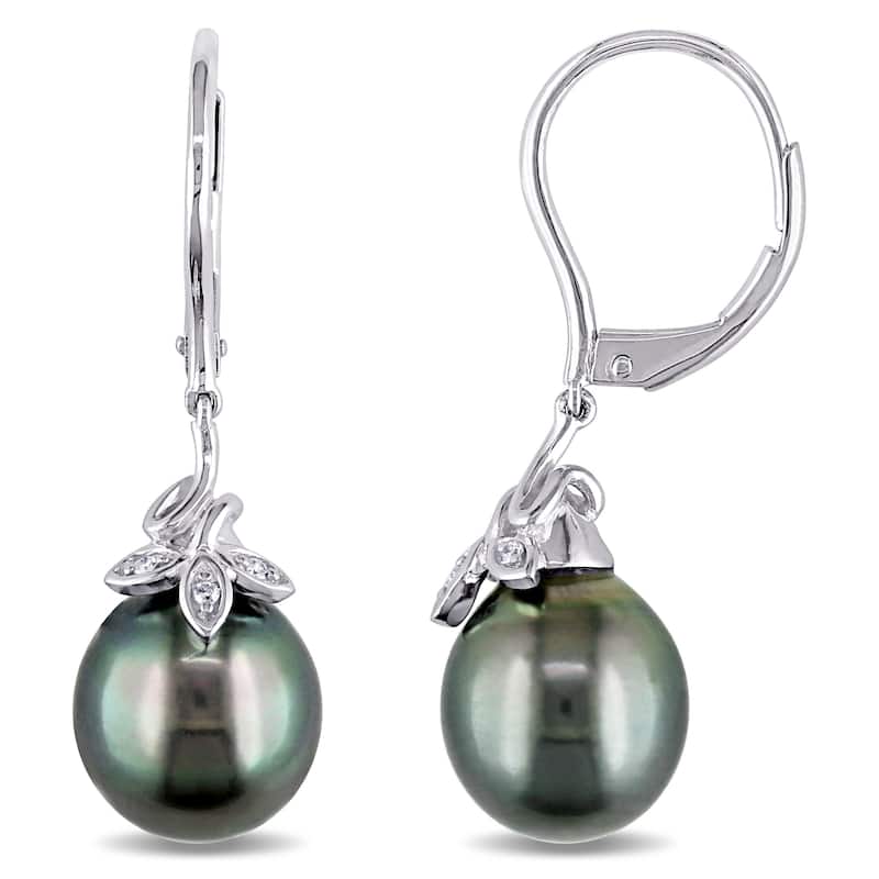 Miadora 10k White Gold Tahitian Black Pearl and Diamond Accent Dangle Earrings (9-10 mm)