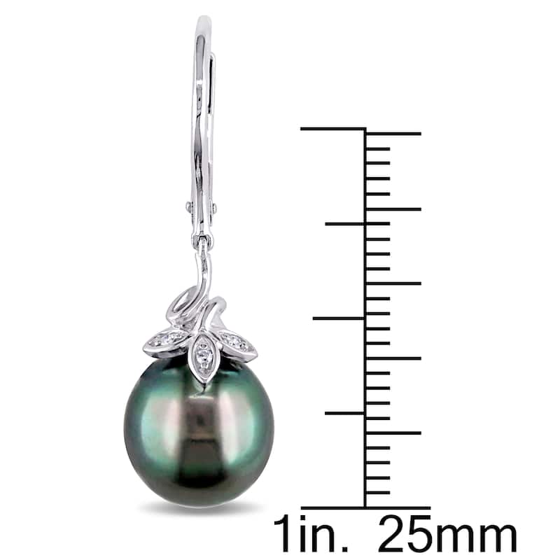 Miadora 10k White Gold Tahitian Black Pearl and Diamond Accent Dangle Earrings (9-10 mm)