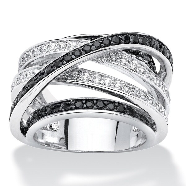 Silvertone 1 3/4ct Round Black and White Cubic Zirconia Crossover Ring Bold Fashion