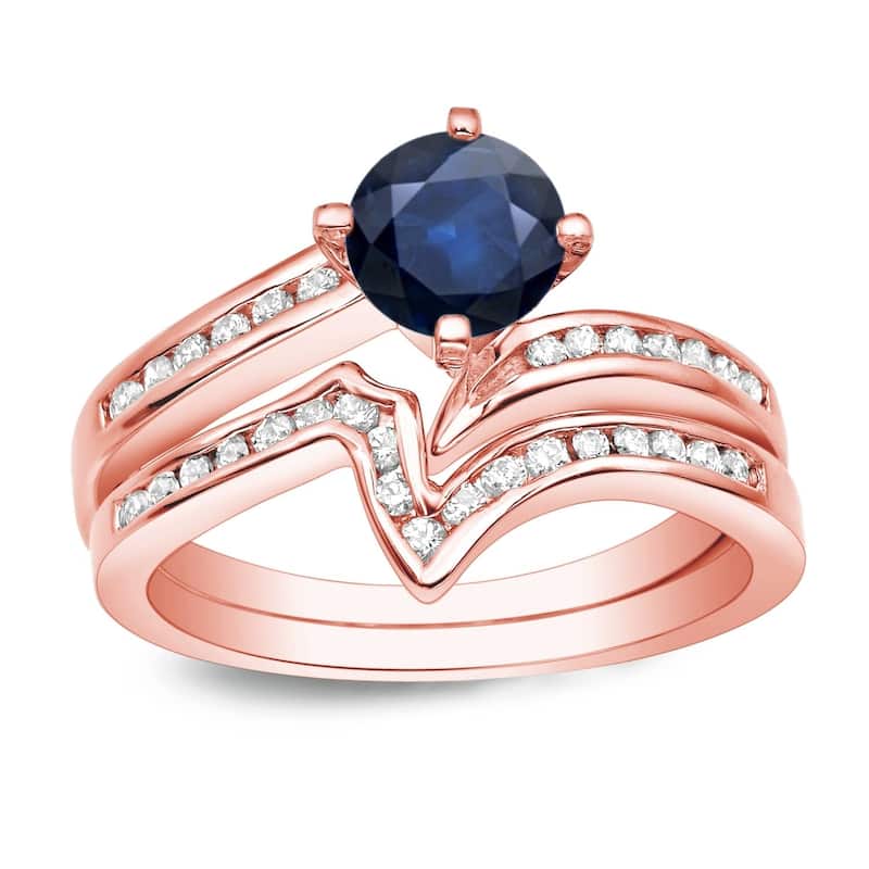 Auriya 14k Gold 3/4ct Blue Sapphire and 1/4ctw V-Shaped Diamond Engagement Ring Set - Rose - 4
