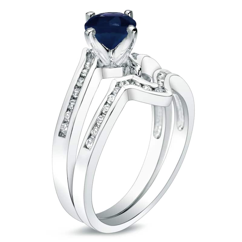 Auriya 14k Gold 3/4ct Blue Sapphire and 1/4ctw V-Shaped Diamond Engagement Ring Set