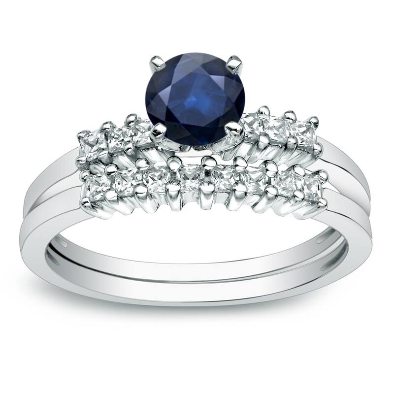 Auriya 14k Gold 1/2ct Round Blue Sapphire and 1/2ctw Diamond Engagement Ring Set - White - 4