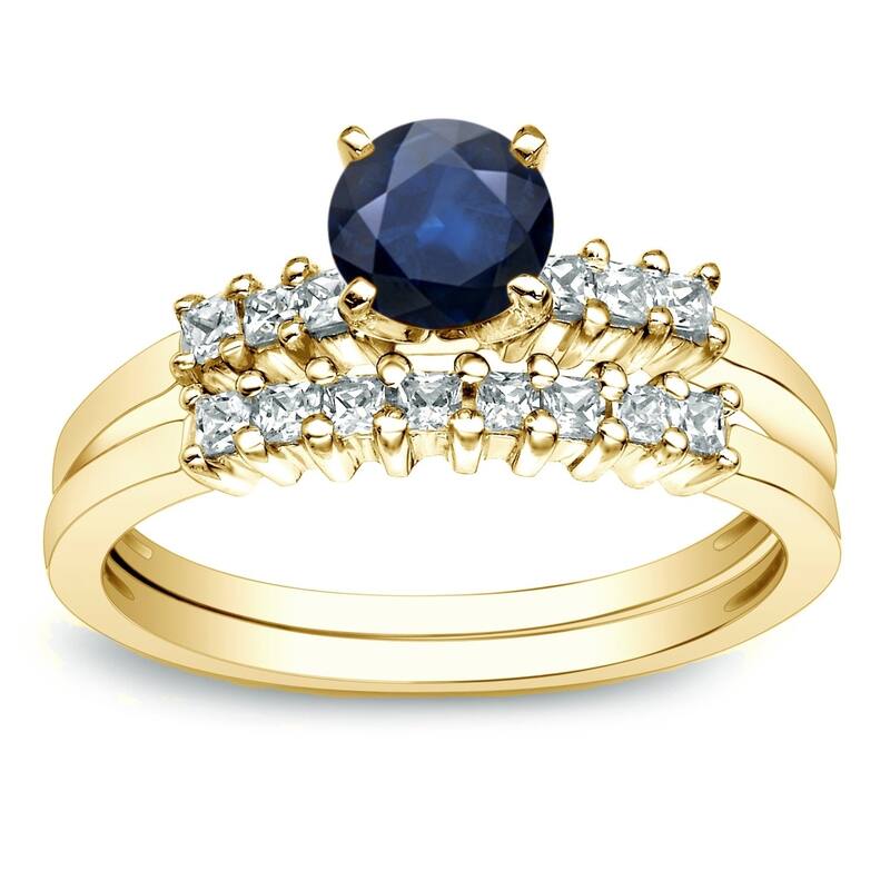 Auriya 14k Gold 1/2ct Round Blue Sapphire and 1/2ctw Diamond Engagement Ring Set - Yellow - 4
