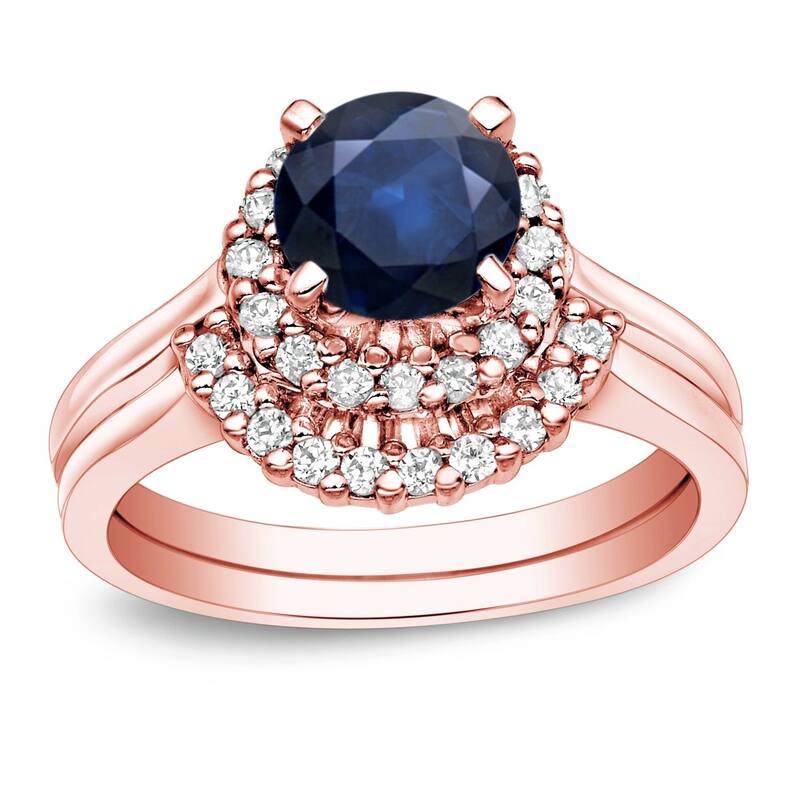 Auriya 14k Gold 3/4ct Blue Sapphire and 1/4ctw Halo Diamond Engagement Ring Set - Rose - 4