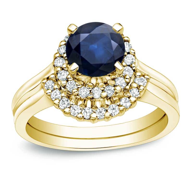 Auriya 14k Gold 3/4ct Blue Sapphire and 1/4ctw Halo Diamond Engagement Ring Set