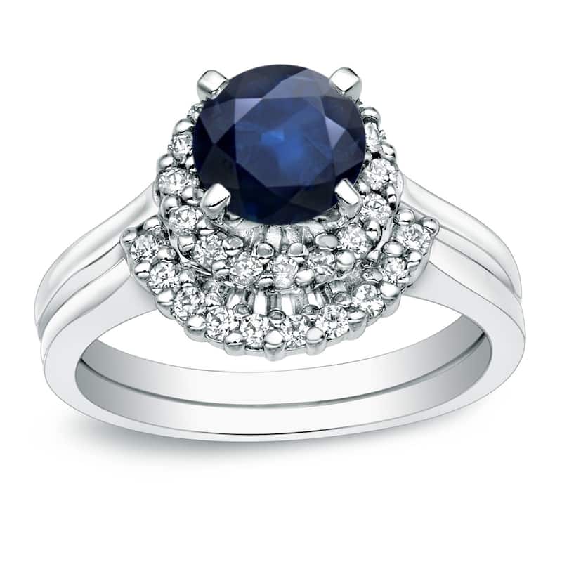 Auriya 14k Gold 3/4ct Blue Sapphire and 1/4ctw Halo Diamond Engagement Ring Set - White - 4