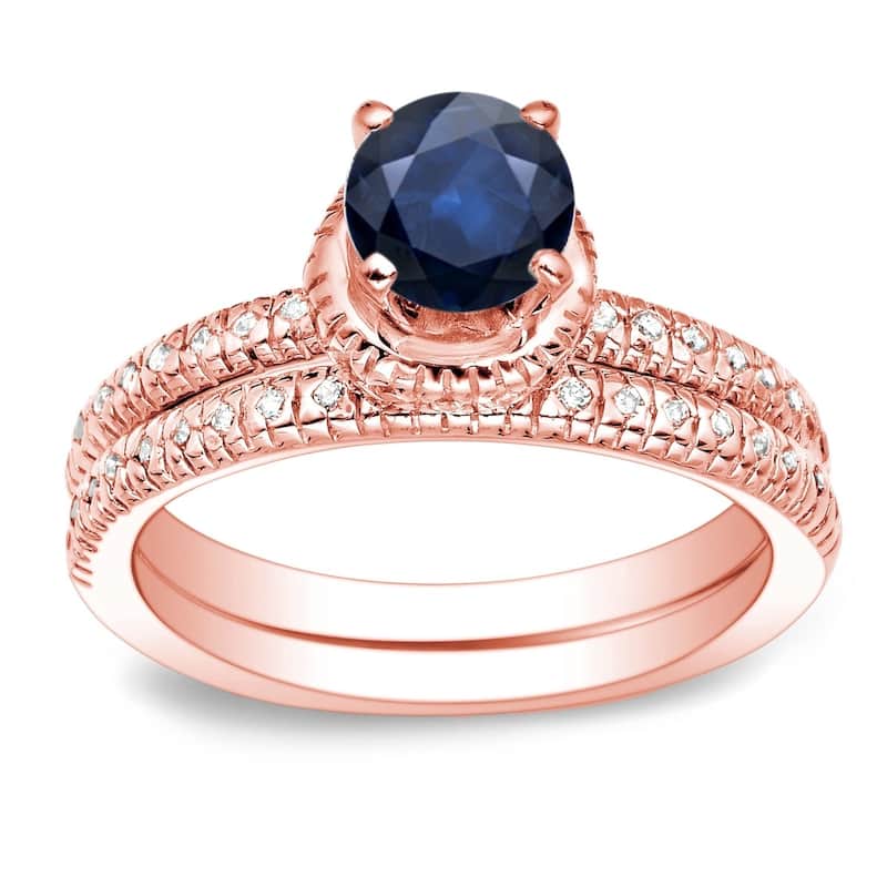 Auriya 14k Gold 3/4ct Round Blue Sapphire and 1/4ctw Diamond Engagement Ring Set - Rose - 4
