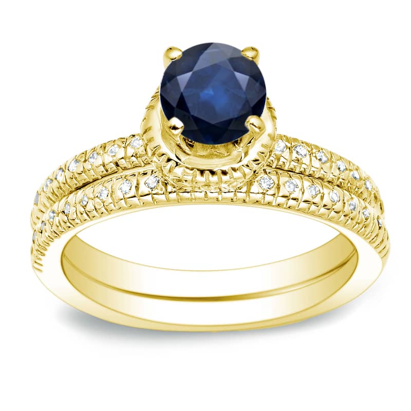 Auriya 14k Gold 3/4ct Round Blue Sapphire and 1/4ctw Diamond Engagement Ring Set