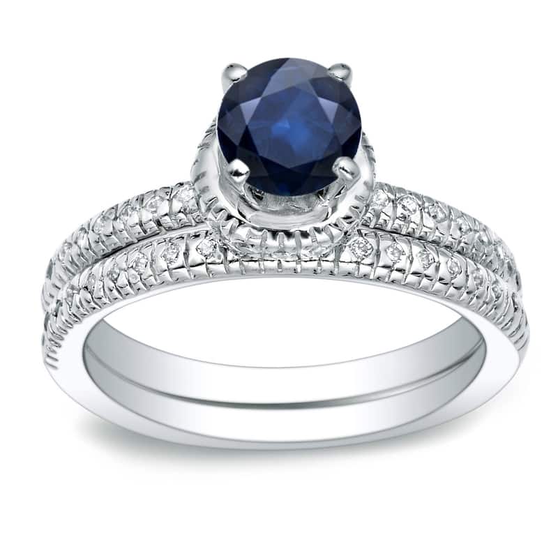 Auriya 14k Gold 3/4ct Round Blue Sapphire and 1/4ctw Diamond Engagement Ring Set - White - 4