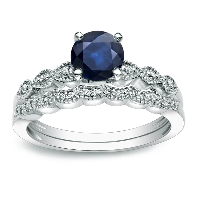 Auriya 14k Gold Vintage 7/8ct Blue Sapphire and 1/10ctw Diamond Engagement Ring Set