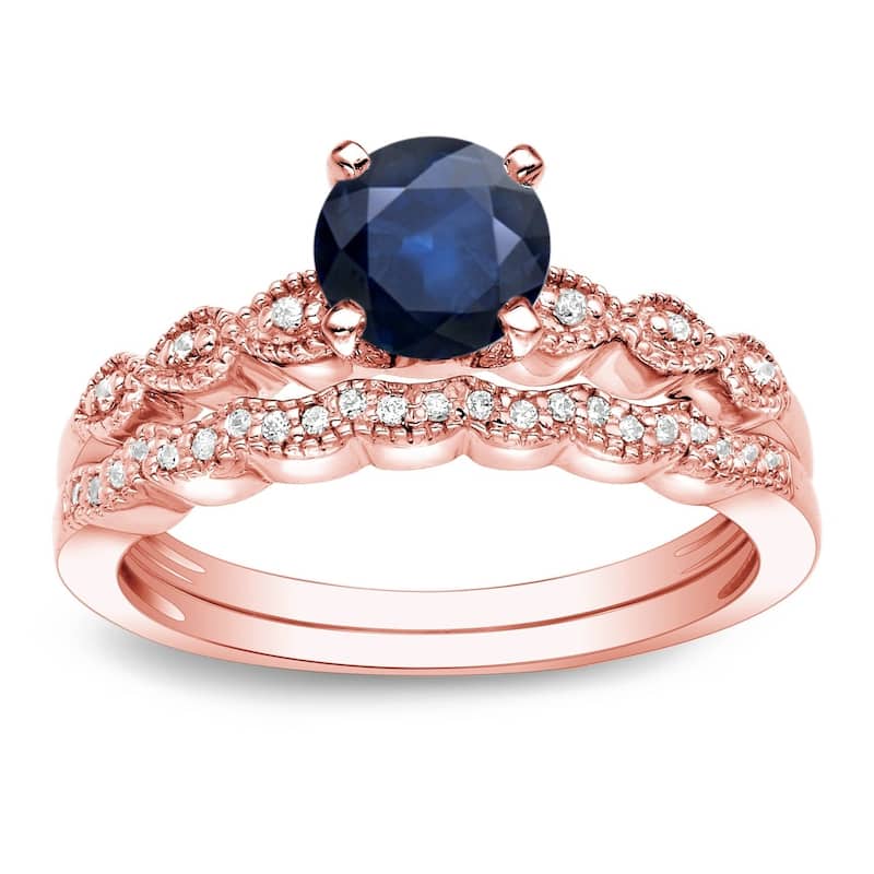 Auriya 14k Gold Vintage 7/8ct Blue Sapphire and 1/10ctw Diamond Engagement Ring Set - Rose - 4