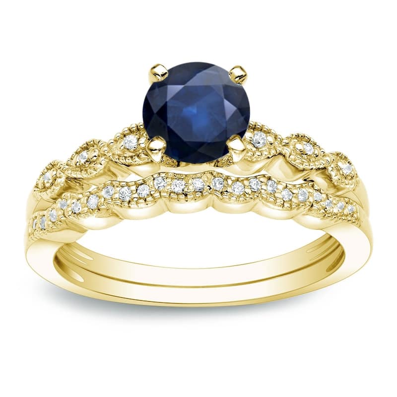 Auriya 14k Gold Vintage 7/8ct Blue Sapphire and 1/10ctw Diamond Engagement Ring Set - Yellow - 4