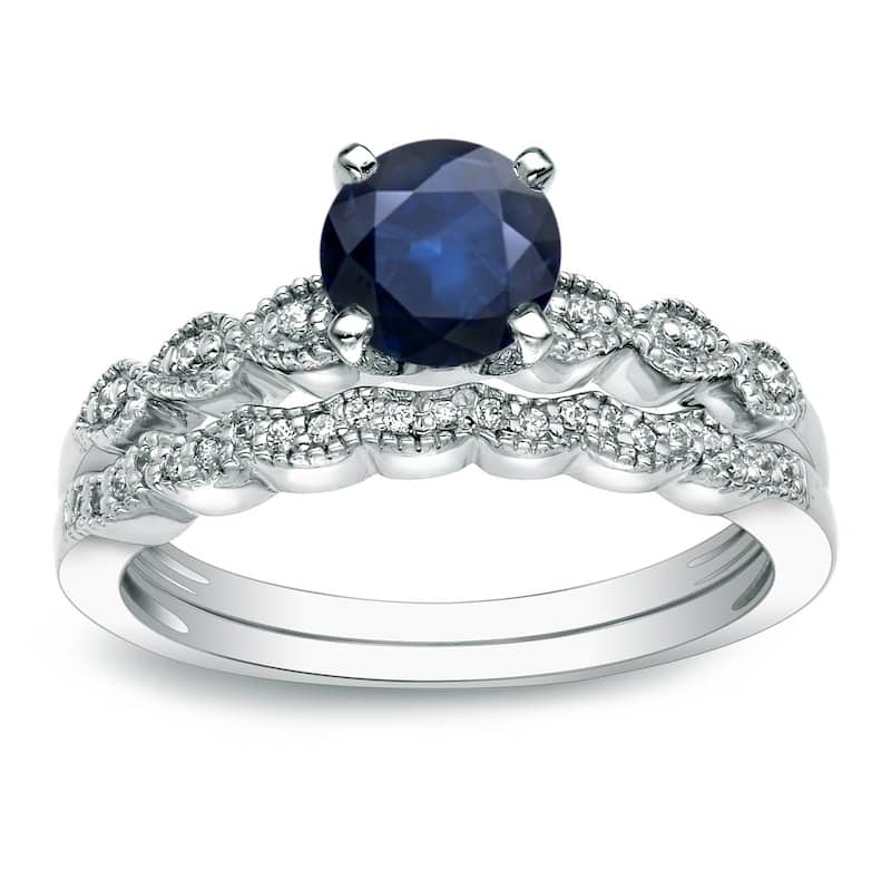 Auriya 14k Gold Vintage 7/8ct Blue Sapphire and 1/10ctw Diamond Engagement Ring Set - White - 4
