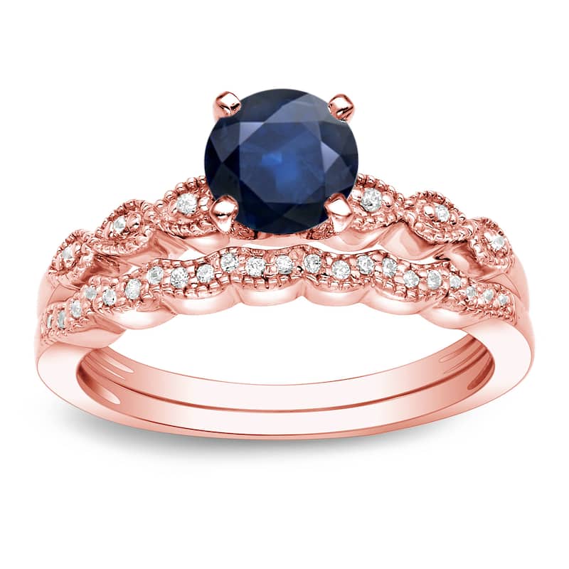 Auriya 14k Gold Vintage 7/8ct Blue Sapphire and 1/10ctw Diamond Engagement Ring Set