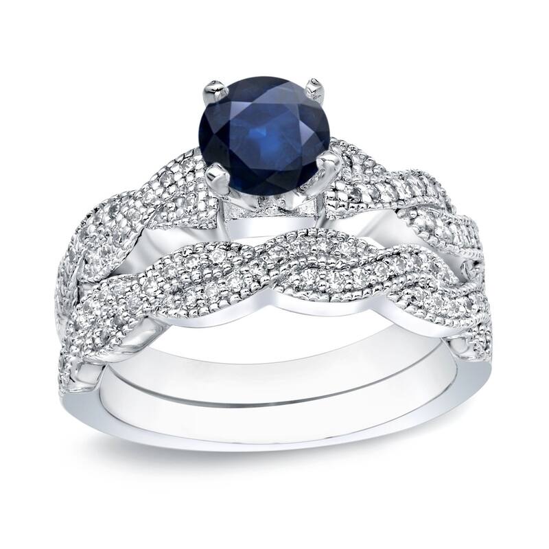 Auriya 14k Gold Vintage 1/2ct Blue Sapphire and 1/2ctw Diamond Engagement Ring Set - White - 4