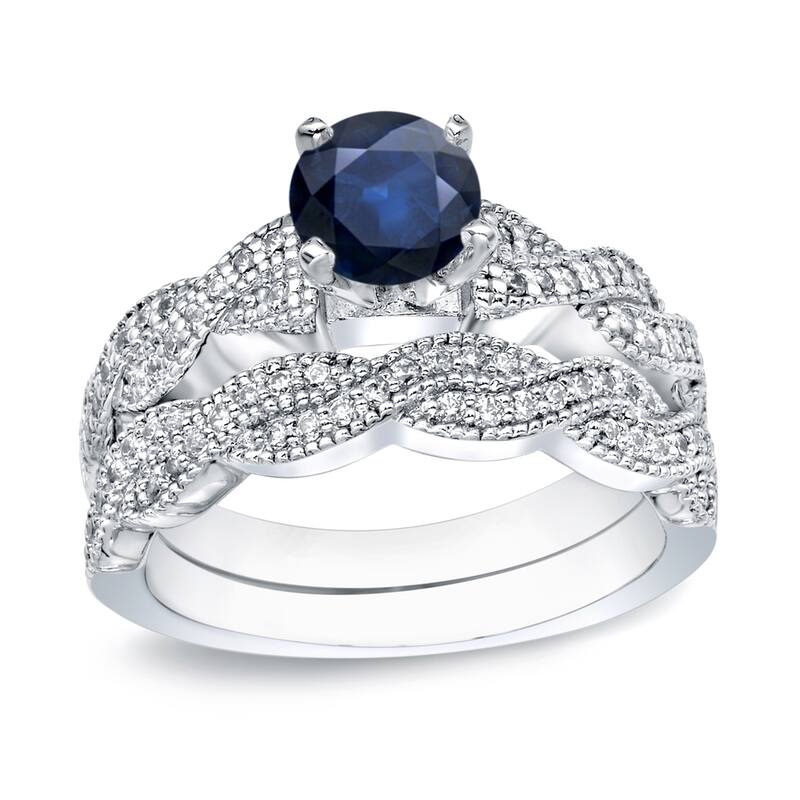 Auriya 14k Gold Vintage 1/2ct Blue Sapphire and 1/2ctw Diamond Engagement Ring Set