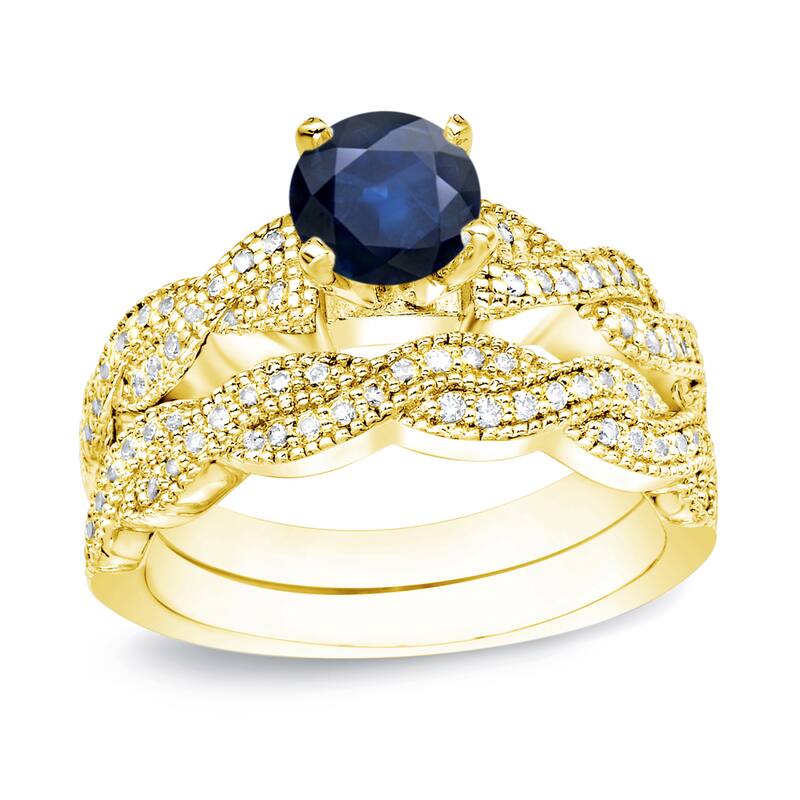 Auriya 14k Gold Vintage 1/2ct Blue Sapphire and 1/2ctw Diamond Engagement Ring Set