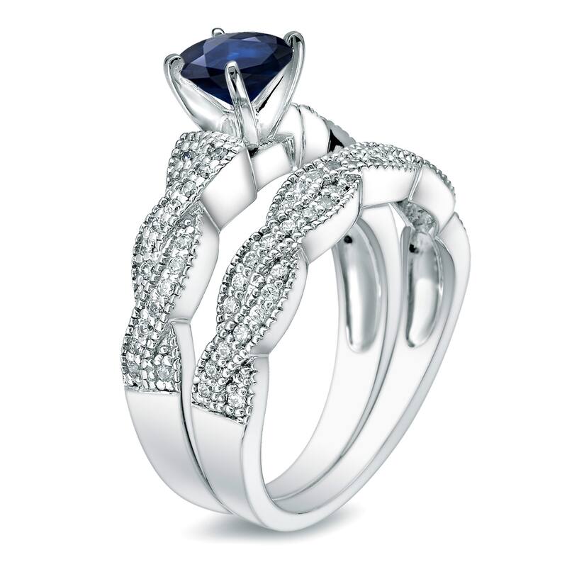 Auriya 14k Gold Vintage 1/2ct Blue Sapphire and 1/2ctw Diamond Engagement Ring Set